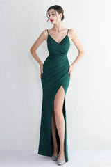 Long Satin Slit Halter Sheath Formal Dress Green / S