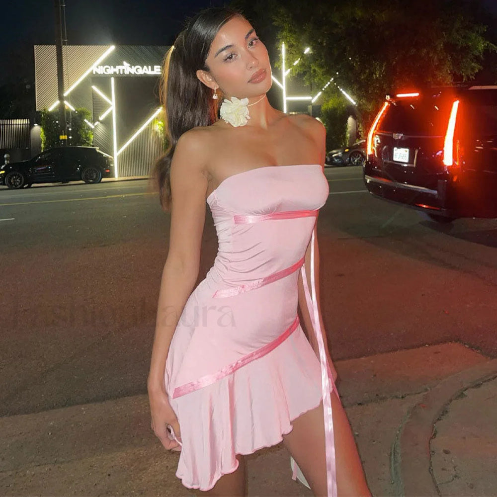 Adorable Solid Color Ribbon trim Ruffle Hem Strapless Mini Dress Pink M / Pink Party Dresses L