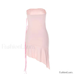 Adorable Solid Color Ribbon trim Ruffle Hem Strapless Mini Dress Pink Party Dresses L