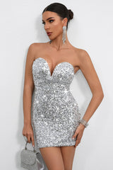 Deep V Strapless Sequin Mini Dress