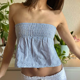 Aesthetic Gingham Smocked Tube Ruched Bandeau Crop Top blue / S