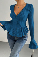 Flounced V-Neck Bodycon Knit Top