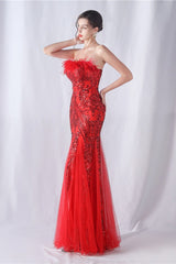 Ostrich Feather Sequin Evening Party Dress