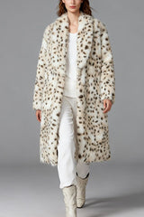 Leopard Print Faux Fur Notch Collar Overcoat