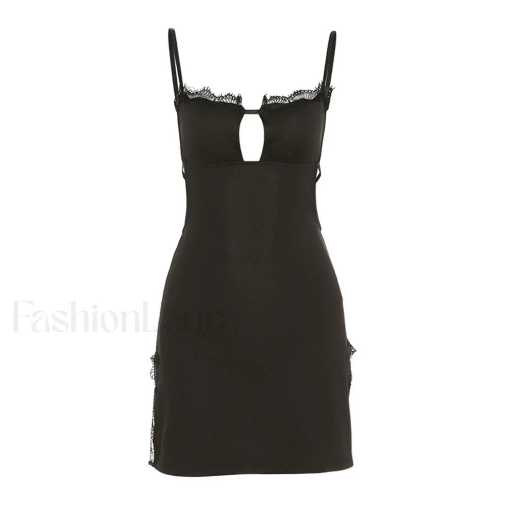 Alluring Eyelash Lace Trim Split Club Mini Dress Black L / Black Party Dresses L