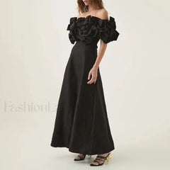 Applique Solid Slash Maxi Dress BLACK / S