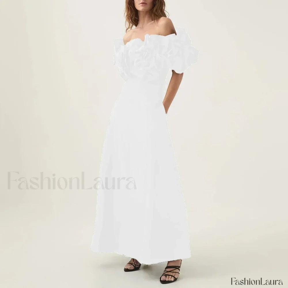 Applique Solid Slash Maxi Dress WHITE / S