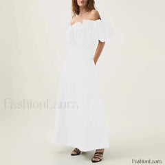 Applique Solid Slash Maxi Dress WHITE / S