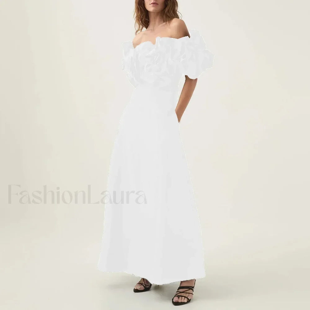 Applique Solid Slash Maxi Dress WHITE / S