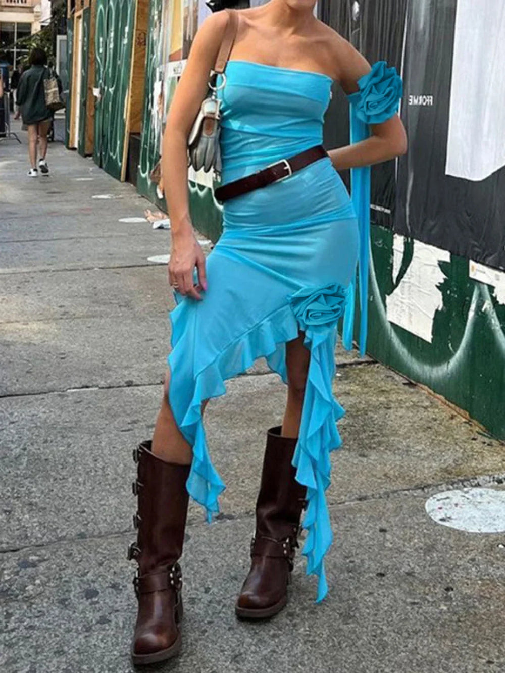 Asymmetric Ruffle Bandeau Maxi Dress Blue / S Maxi Dresses