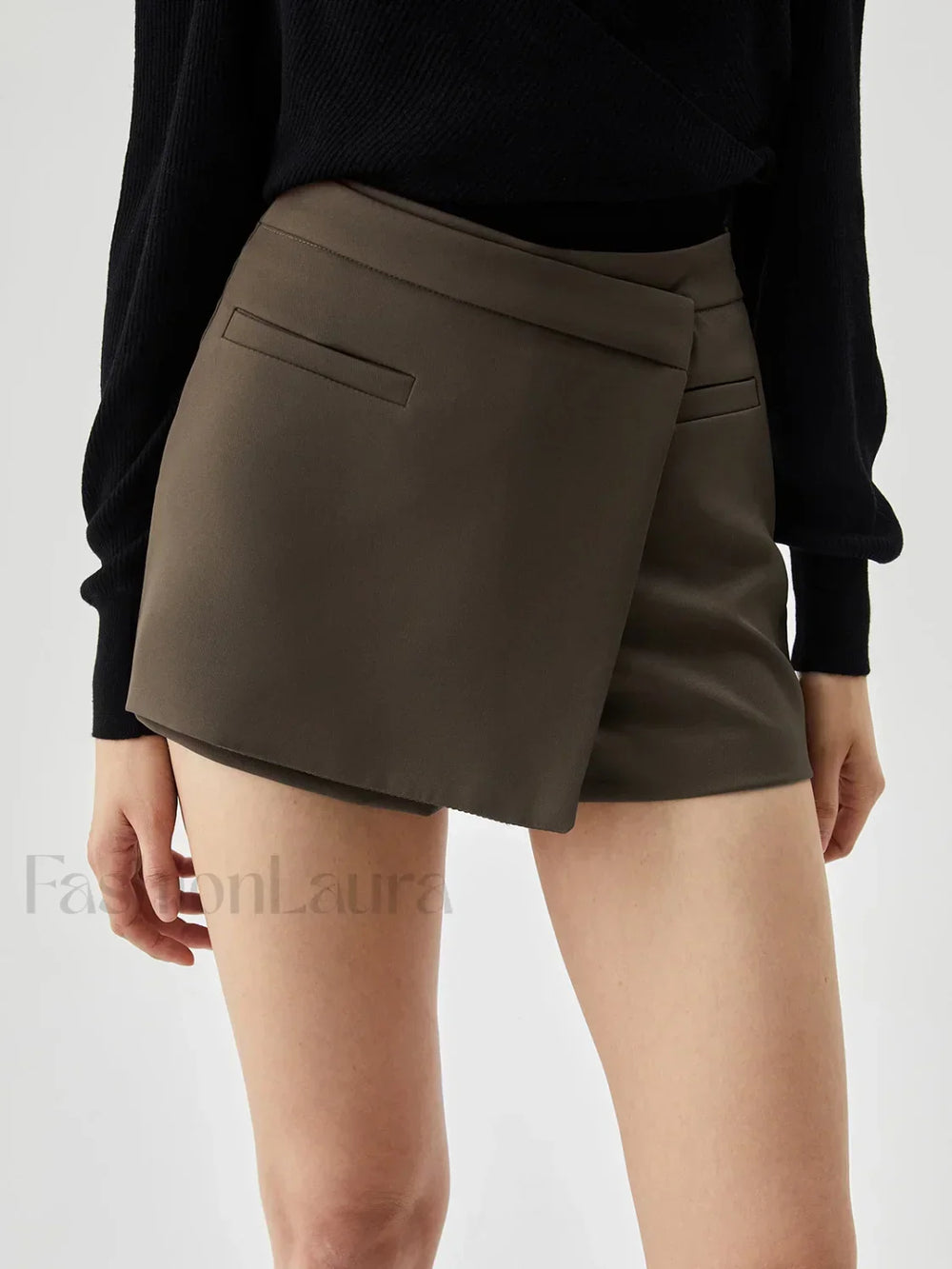 Asymmetric Wrap Graceful Zip Mini Skort Khaki / XS Shorts
