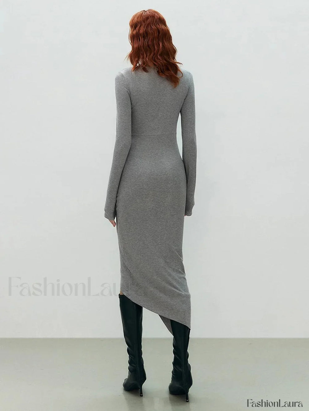Asymmetrical Draped Cutout Crew Neck Classic Long Sleeve Midi Knit Dress Knit Dresses