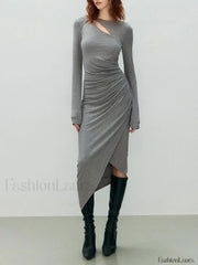 Asymmetrical Draped Cutout Crew Neck Classic Long Sleeve Midi Knit Dress Grey / XS Knit Dresses
