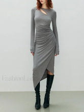 Asymmetrical Draped Cutout Crew Neck Classic Long Sleeve Midi Knit Dress Grey / XS Knit Dresses