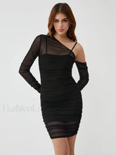 Asymmetrical Neck Contrast Mesh Modern Ruched Bodycon Short Dress Black / S Knit Dresses
