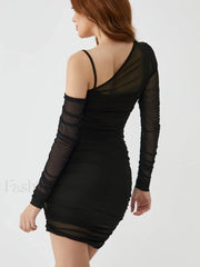 Asymmetrical Neck Contrast Mesh Modern Ruched Bodycon Short Dress Knit Dresses