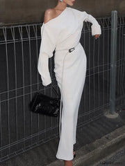 Asymmetrical Off Shoulder Solid Modern Long Sleeve Maxi Dress Dresses