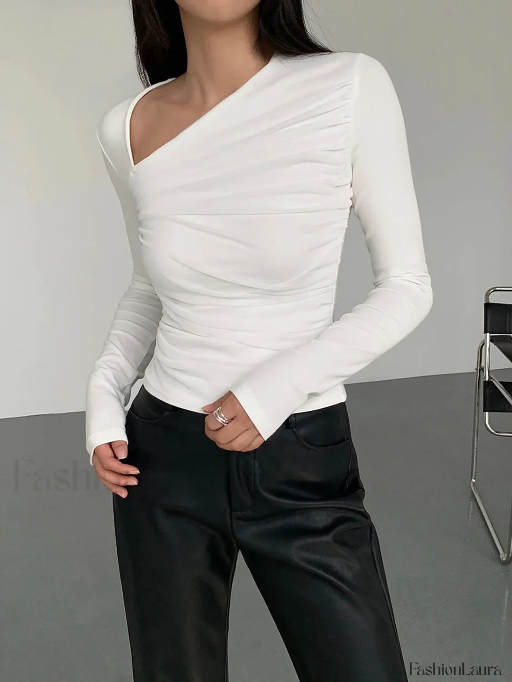 Asymmetrical Patchwork Ribbed Trendy Knit Ruched Mesh Top T Shirts