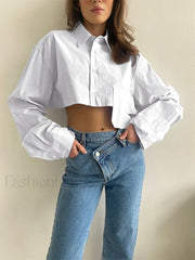 Asymmetrical Pocket Button Trendy Collar Crop Shirt White / XS Shirts