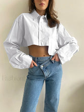 Asymmetrical Pocket Button Trendy Collar Crop Shirt White / XS Shirts