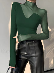 Asymmetrical Sheer Mesh Panel T Shirt Green / XS T Shirts