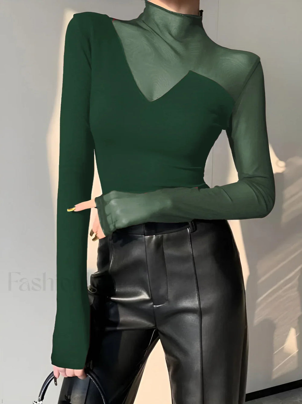 Asymmetrical Sheer Mesh Panel T Shirt Green / XS T Shirts