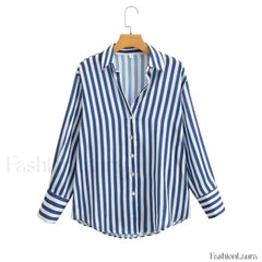Autumn Lapel Blue White Striped Satin Single Breasted Loose Tops Blouse Blue / XS