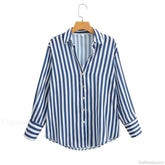 Autumn Lapel Blue White Striped Satin Single Breasted Loose Tops Blouse Blue / XS