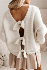 Backless Bow Tie Knit Sweater White / S
