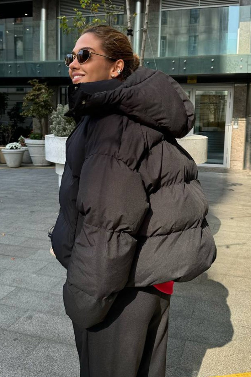 Relaxed Fit Cropped Hooded Puffer Jacket