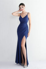 Long Satin Slit Halter Sheath Formal Dress