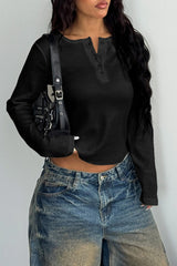 Button-Front Long Sleeve Knit Top