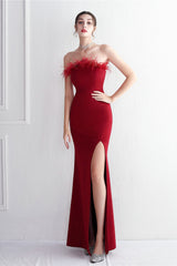 Elegant Feather Trim Strapless Formal Dress
