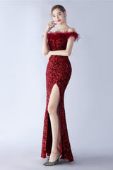 Velvet Sequin Ostrich Feather Off Shoulder Formal Dress