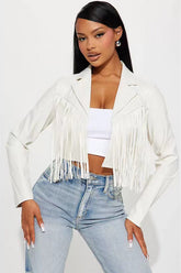 Fringe Trim Faux Leather Cropped Jacket White / S