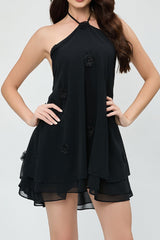 3D Floral Chiffon Halter Cocktail Dress S / Black