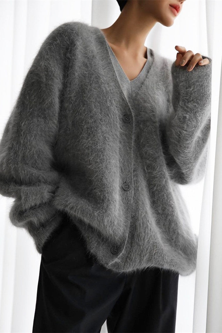 V Neck Fluffy Knit Cardigan Sweater