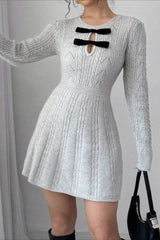 Solid Color Long Sleeve Knit Sweater Dress S / Grey
