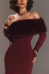 Fur Collar Off Shoulder Bodycon Dress