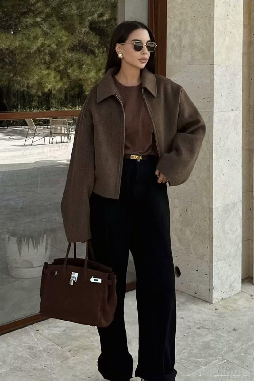 Minimalist Lapel Short Wool Coat Brown / S coats