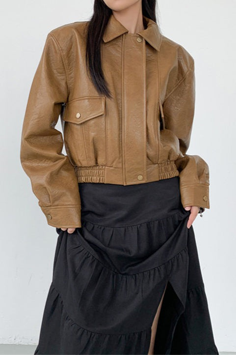 Short PU Leather Notch Lapel Jacket S / Brown