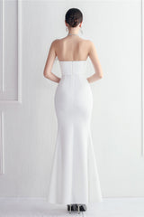 Elegant Feather Trim Strapless Formal Dress S / White