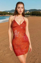 Backless Neck Print Diamond Hip Skirt Spice Girl Floral Dress Orange / XS