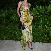 Backless Neck Print Sexy Slim Fit Maxi Dress Yellow / S