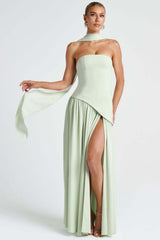 Solid Bustier High Slit Formal Dress