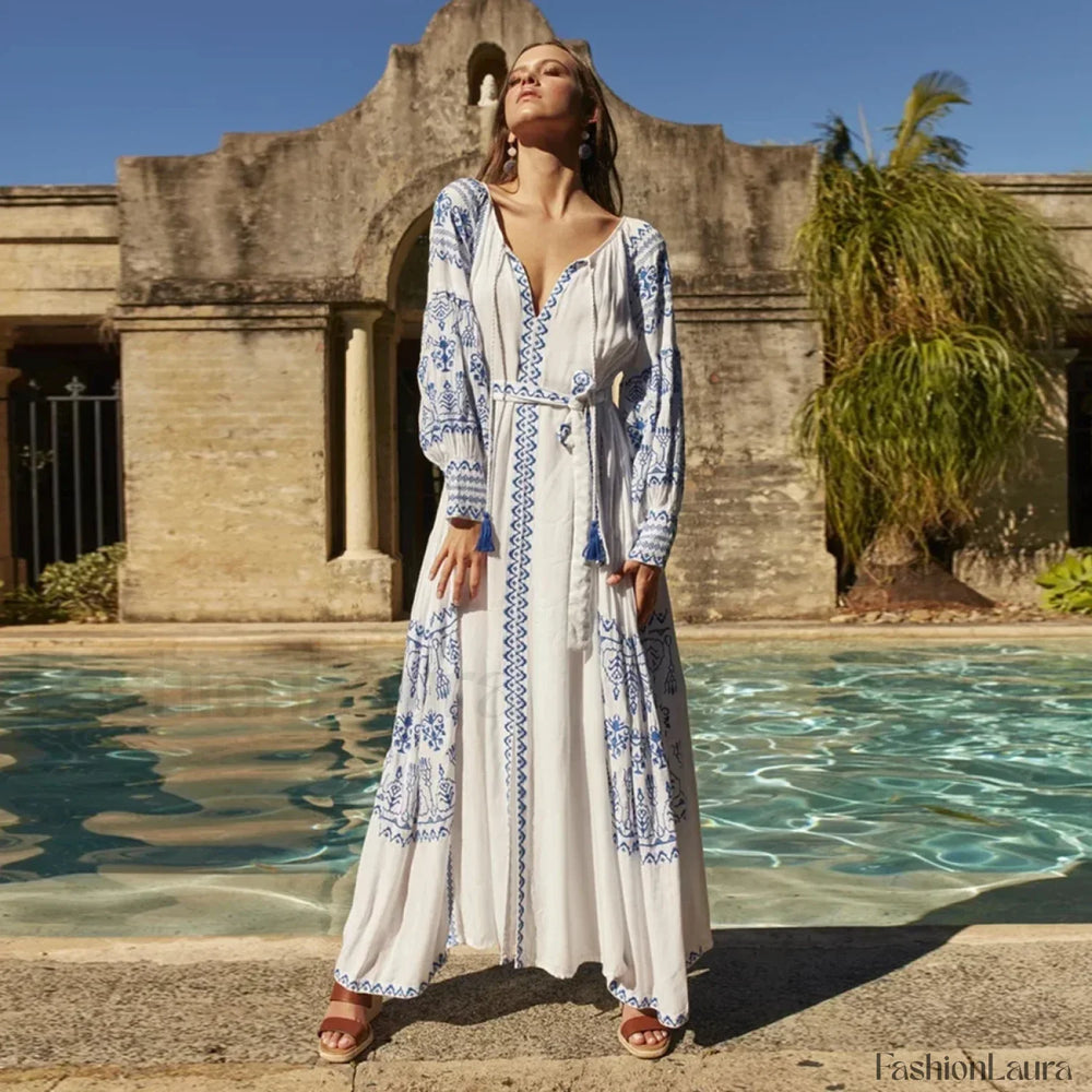 Bahia Embroidered Long Boho Dress WHITE / S
