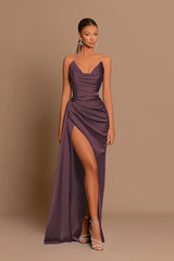 Satin Deep V Corset Slit Formal Dress XS / Purple