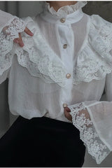 Lace Trim Stand Collar Chiffon Blouse