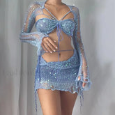 Beaded Knit Set Mini Dress Blue / S