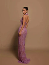 Beaded Lace Split Halter Maxi Dress Pink / 2